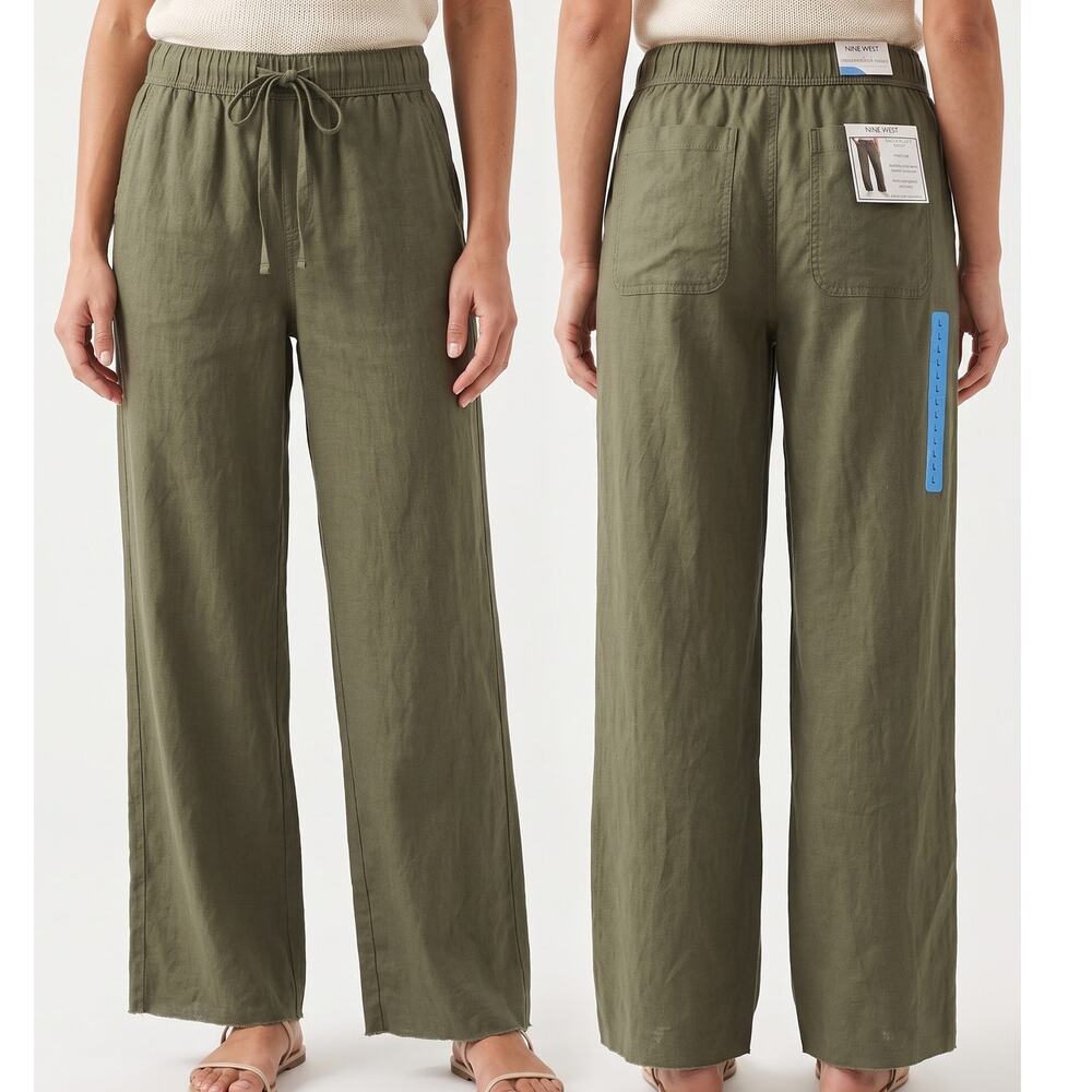 Nine West Large Lightweight Twill Wide Leg Olive Green Drawstring Pants NEW NWT